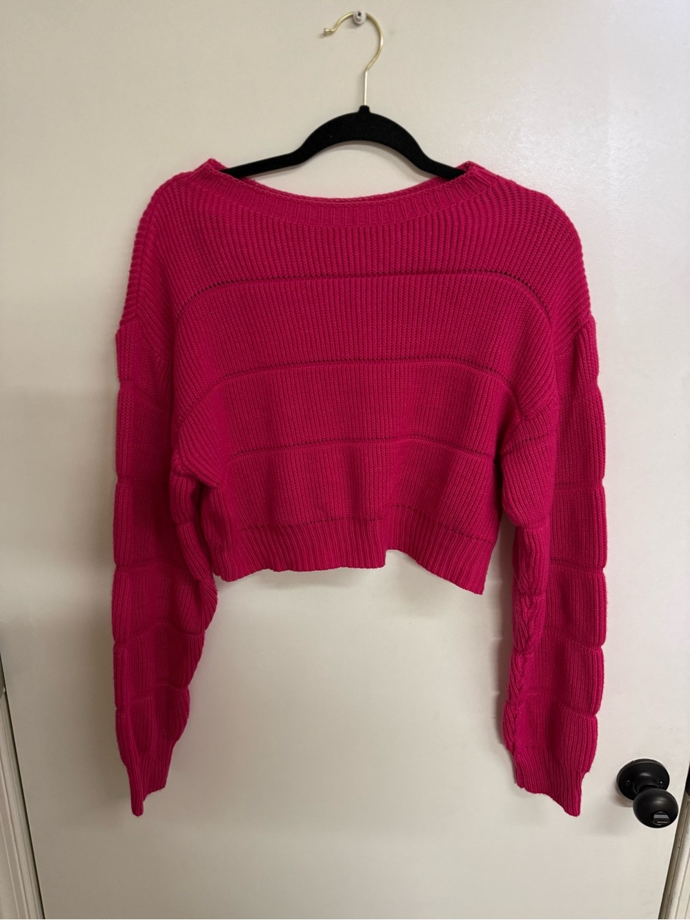 SHEIN Vibrant Pink Cropped Ribbed Boatneck Sweater